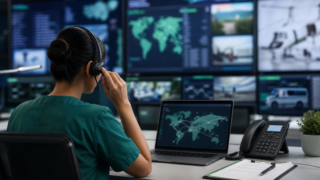 MC4S medical coordination team monitoring an international patient transfer across air ambulance, medical escort, and ground ambulance services