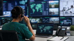 MC4S medical coordination team monitoring an international patient transfer across air ambulance, medical escort, and ground ambulance services